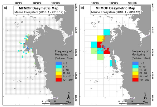 2010년도 해양생태계 분야 모니터링 정점 수에 대한 공간밀도지도( a) 2x2 km, b) 10x10 km)