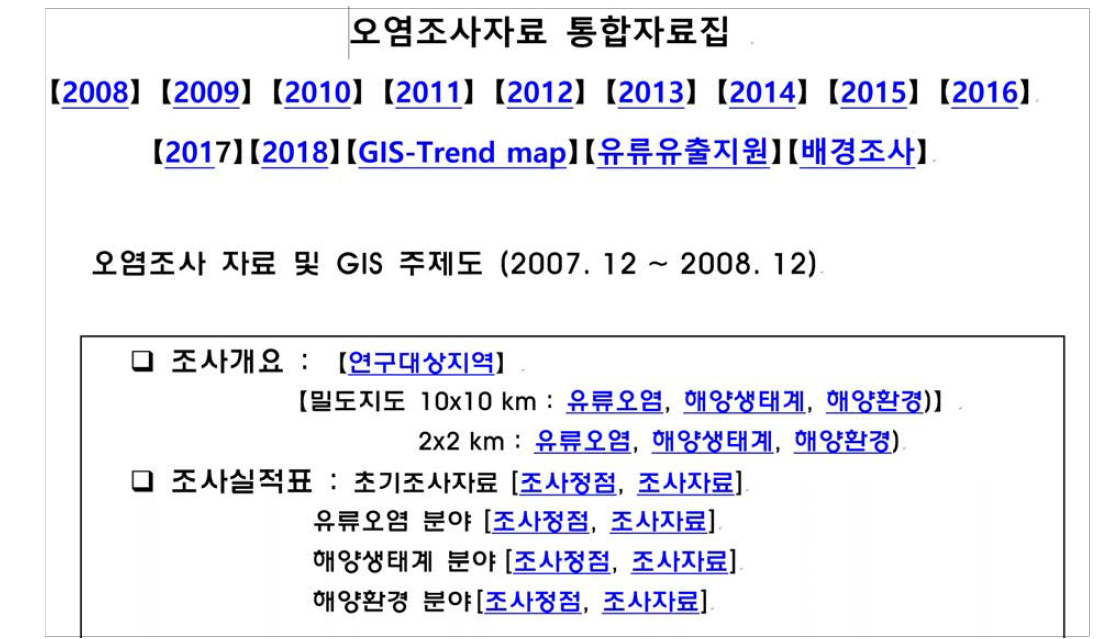 오염조사자료 통합자료집 데이터화면