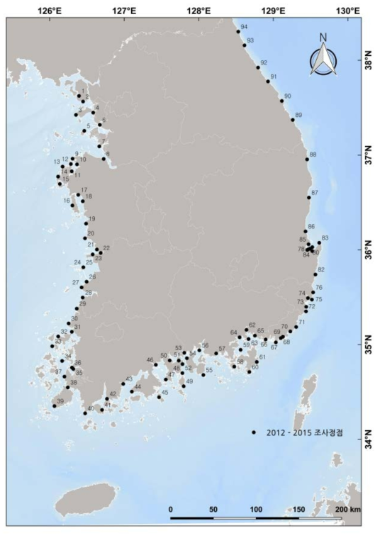 1차 유류오염 배경농도 조사 정점 지도(2012년 – 2014년)