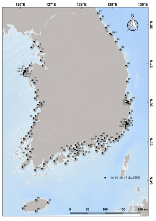 2차 유류오염 배경농도 조사 정점 지도(2015년 – 2017년)