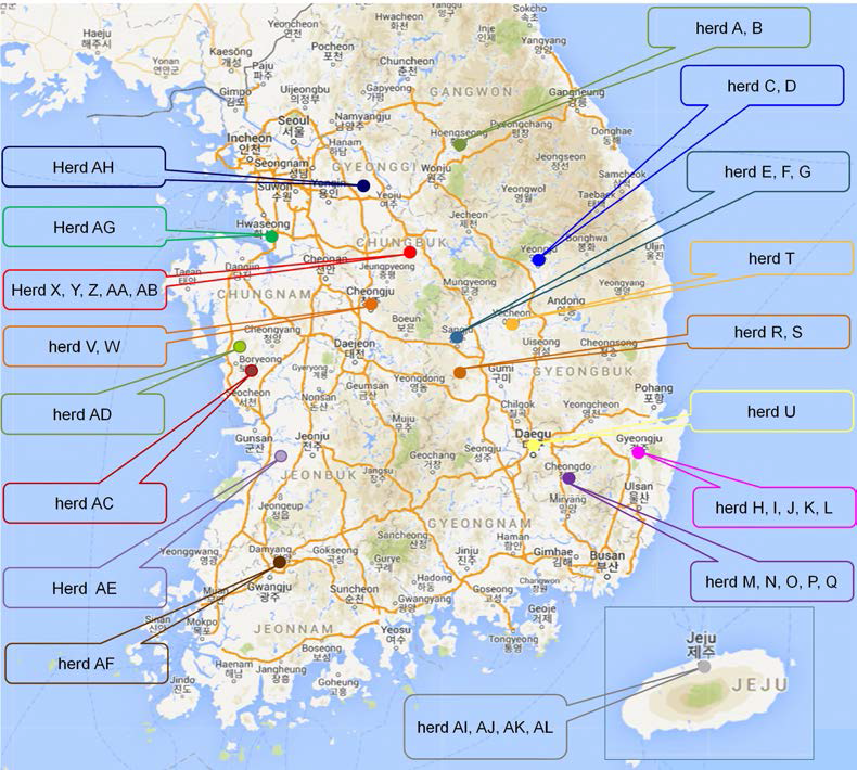 환경시료 유전자분석을 실시한 전국 농장 분포도