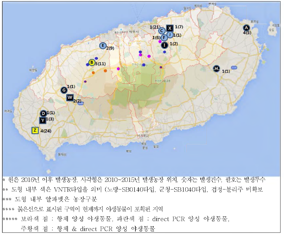 제주도 소결핵병 발생현황 (2010~2019) 및 발생농장과 야생동물 포획위치