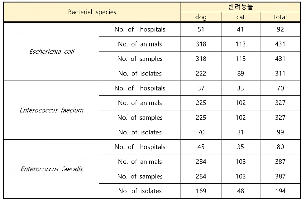 정상 동물(개/고양이)에서 분리한 지표 세균 수 (‘18, ‘19 합계)