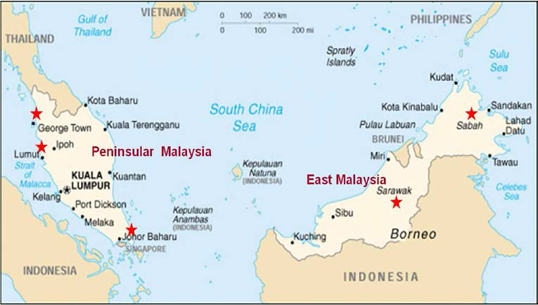 Location of poultry farms where samples were collected in Malaysia during the study. Red star indicates the location of sampling in Malaysia