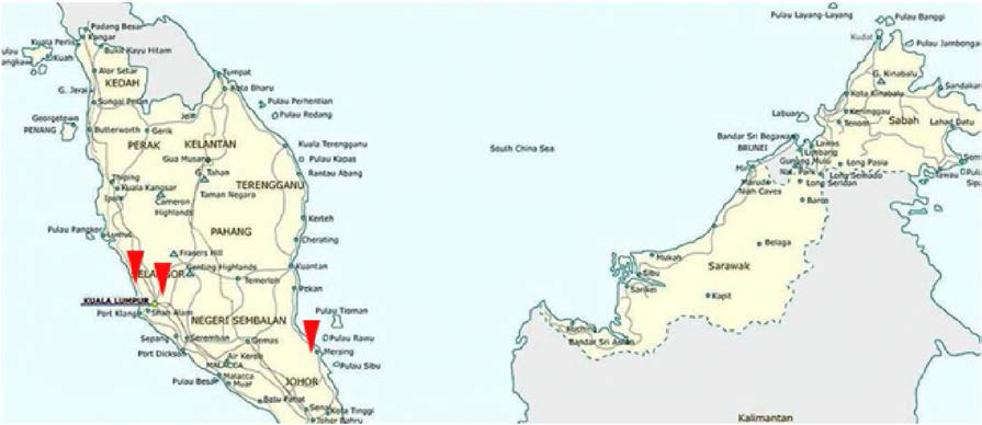 Locations of wetland where samples were collected in Malaysia during the study. Red star indicates the location of sampling in Malaysia