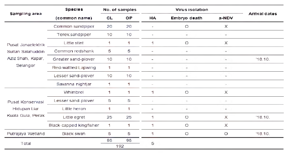 Virus isolation, HA and HI results using swabs samples from wild birds