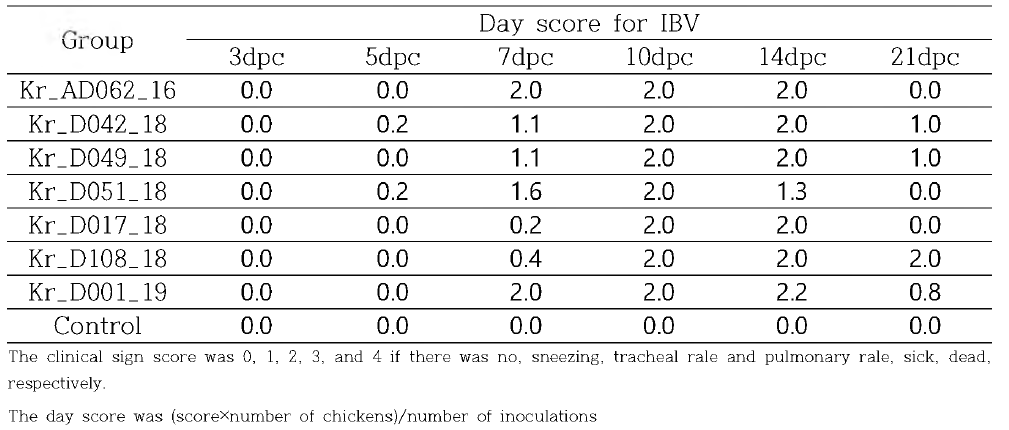 Clinical sign scores of 1-week-old SPF chickens inoculated with QX/rQX vaccines