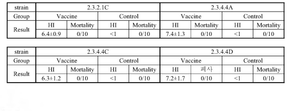 백신후보주 안정성 평가 (2주후 HI 역가 및 폐사율)