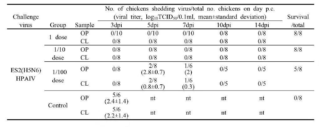 Clade 2.3.4.4C(rgAIV_ES2) 백신 접종 후 공격시험 바이러스 배출