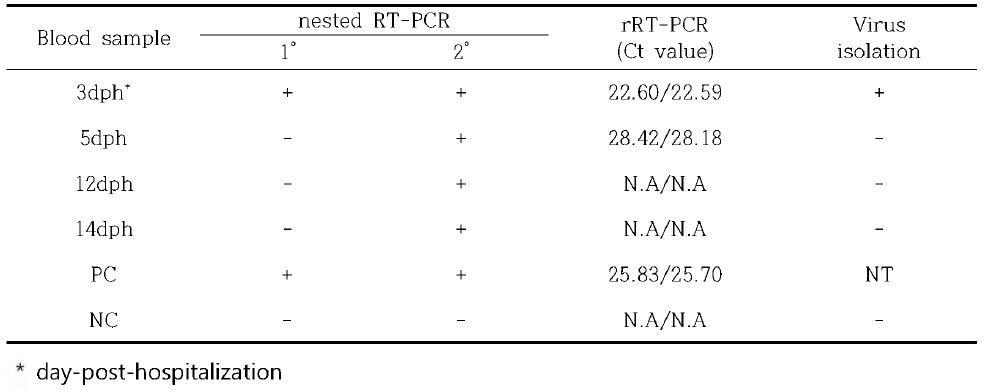 임상증상 발현 개 혈액시료 유전자검사 결과 및 바이러스 분리 결과