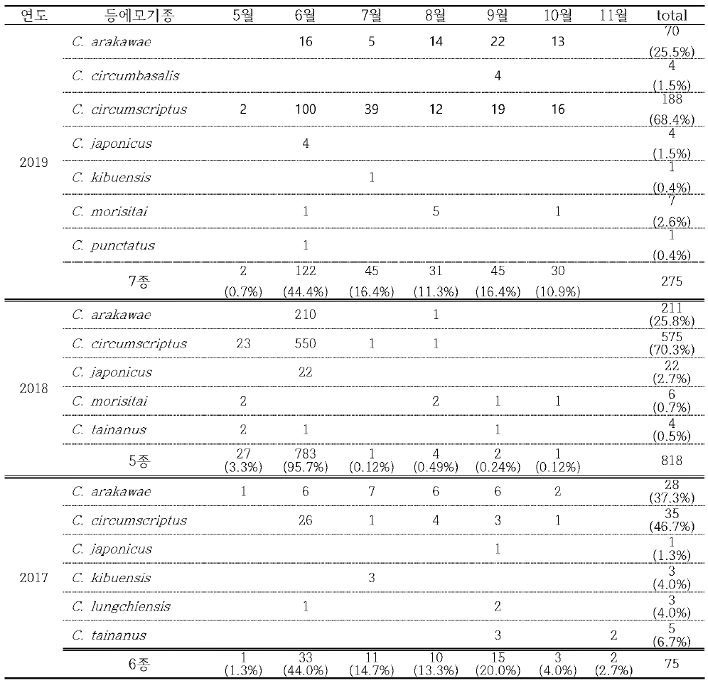 공항만지역에서의 연도별, 월별 등에모기 채집 결과