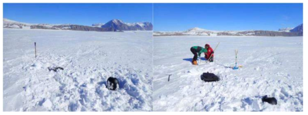난센빙붕 위 얼음 지형에 설치한 임시 지진관측소 설치 과정