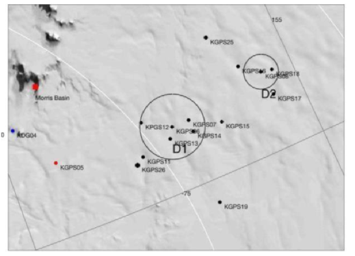 데이비드 빙하 상부의 빙저호 GPS 관측망 지도