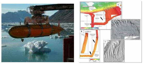 (좌) 영국 국립해양센터(National Oceanography Centre)에서 개발한 AutoSub AUV, (우) 서남극 파인아일랜드 빙하 하부에 AutoSub AUV를 투입하여 획득한 정밀 해저지형도