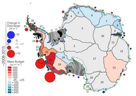 남극 빙하별 빙하 손실량 및 시간에 따른 변화(2008-2015) (Gardner et al., 2018)