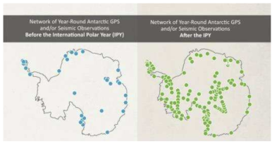 (좌) POLENET(IPY) 이전 남극에 설치된 지구물리 관측망, (우) 이후 확장된 관측망 현황
