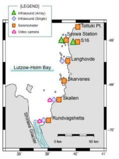남극에 위치한 일본 쇼와기지 주변의 지진(주황색 사각형) 및 초음파 관측소(녹색 삼각형 및 보라색 마름모) 위치
