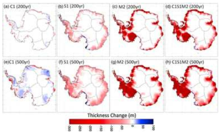 8개 서로 다른 미래기후 시나리오로 강제된 6개 빙상동역학 모델 평균의 200~500년 후 남극 빙상 용융 예측 결과 (Nowicki et al. 2013)
