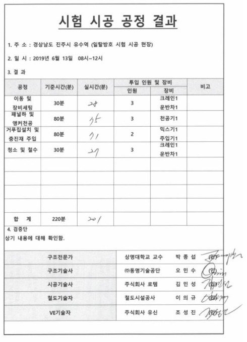 시공 공정별 성적서(2019년 추가시험)