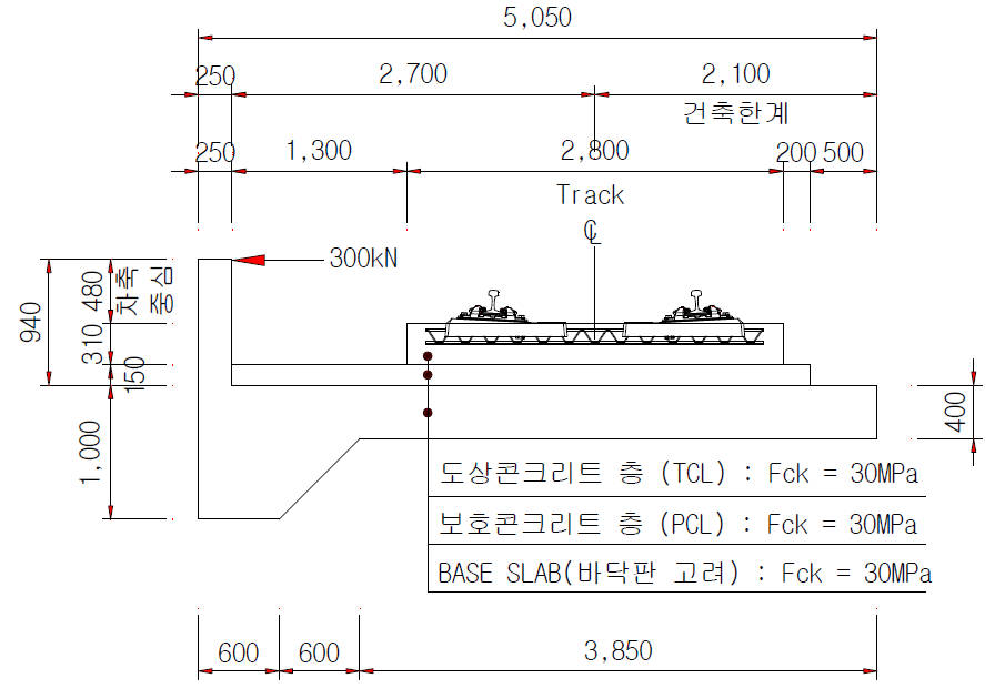 교량상 콘크리트 궤도 부설을 위한 Base Slab 및 방호벽 단면