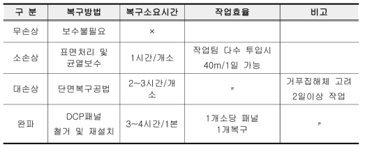 DCP 손상정도에 따른 유지보수시간