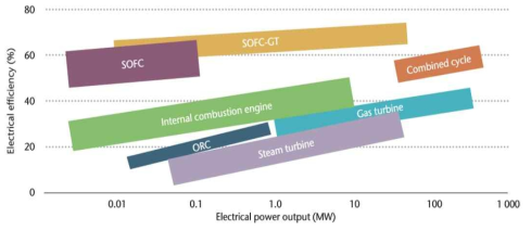 바이오에너지로부터 전기를 생산하는 기술별 전기변환 효율 (출처: Technology Roadmap–Delivering Sustainable Bioenergy, IEA, 2017)