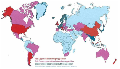 세계 국가별 폐기물 시설에 대한 반대 정도 구분 (출처: Paul Davison, “Variations in public acceptance and support for Energy from Waste plants and the need to share best practice – A global perspective, PEC Hong Kong, 2016/05)