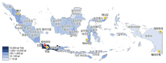인도네시아 인구밀도 분포도 (2015년 기준) 출처 : 저자 작성 (인구데이터 https://www.bps.go.id/linkTableDinamis/view/id/842 참조)