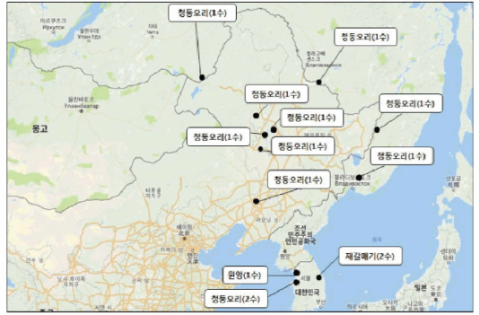 위치추적부착기 야생조류(14수) 서식 현황(11.15. 기준)