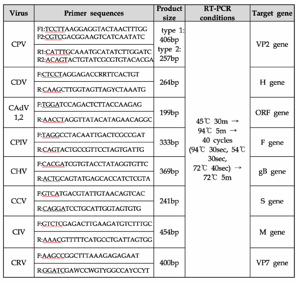 표준화된 8종 개 질병진단용 유전자 진단법의 (RT)-PCR 조건