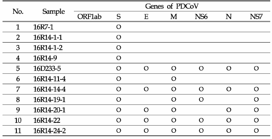 검색된 PDCoV에 대한 ORF별 염기서열 분석 현황