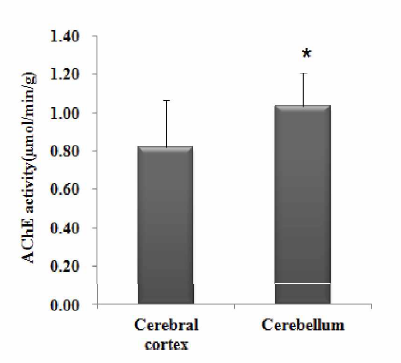 소의 대뇌 및 소뇌에서의 AChE 활성도 차이 (μmol/min/g, 농약 불검출 시료)