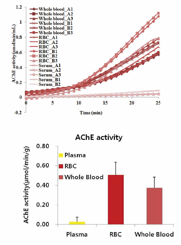 소의 혈액(전혈, 적혈구)에서의 AChE 활성도 차이 (μmo|/min/mL, 농약 불검출 시료)