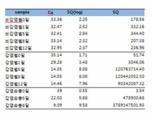 야외 토종벌 SBV 인공감염 시료 내 SBV Real-time PCR 결과 자료