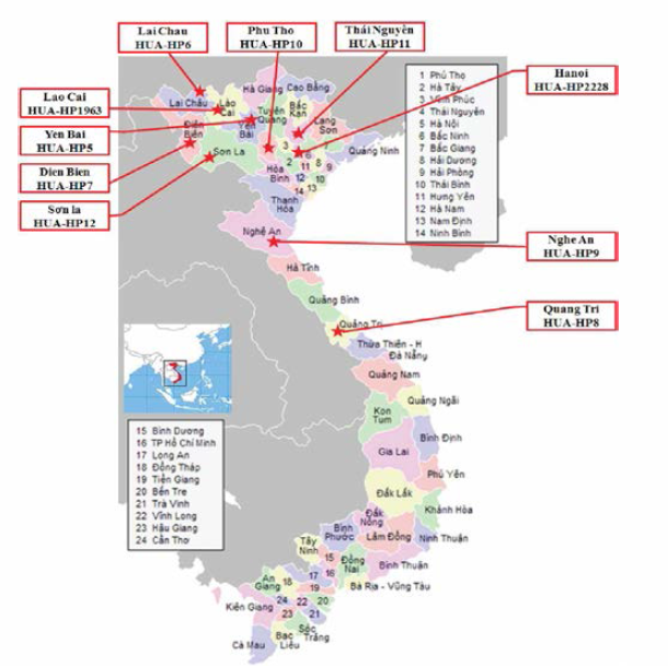베트남 PRRS 감염 돼지 가검시료 분리 지역 지도