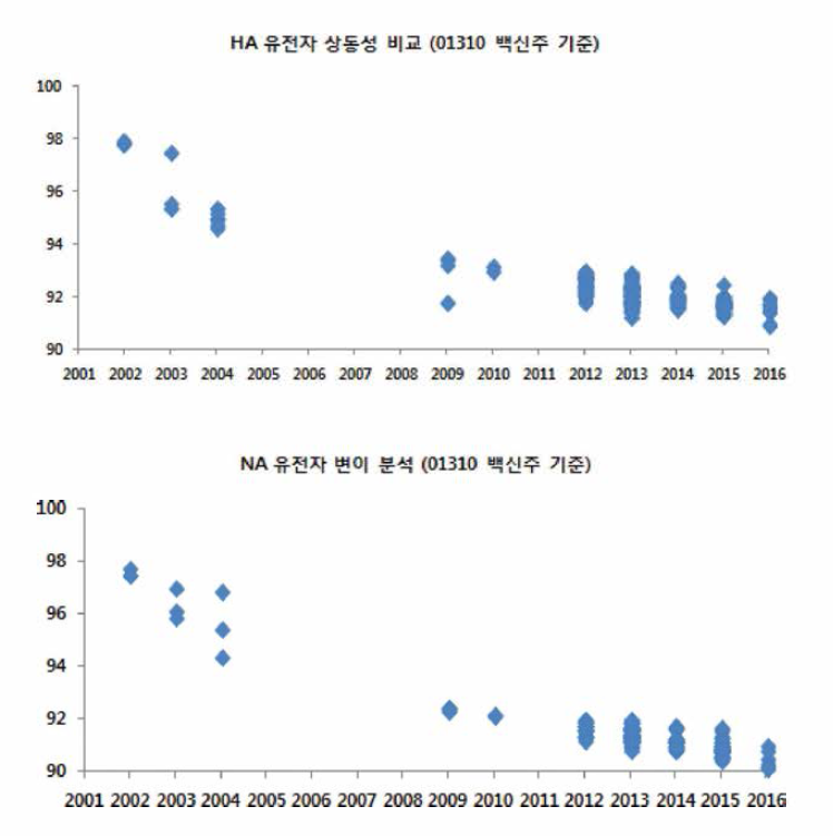 야외 유행주의 백신주 대비 HA 및 NA 유전자 상동성 변이추이