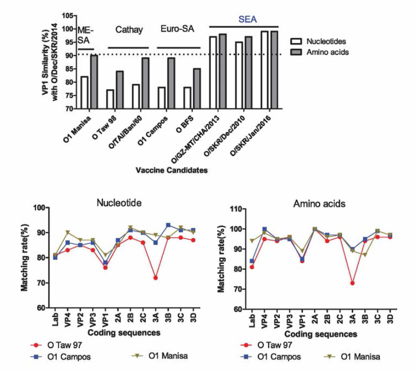 Sequence homology between FMDV SEA topotype (O/SKR/Jincheon 2014) and Vaccine strains