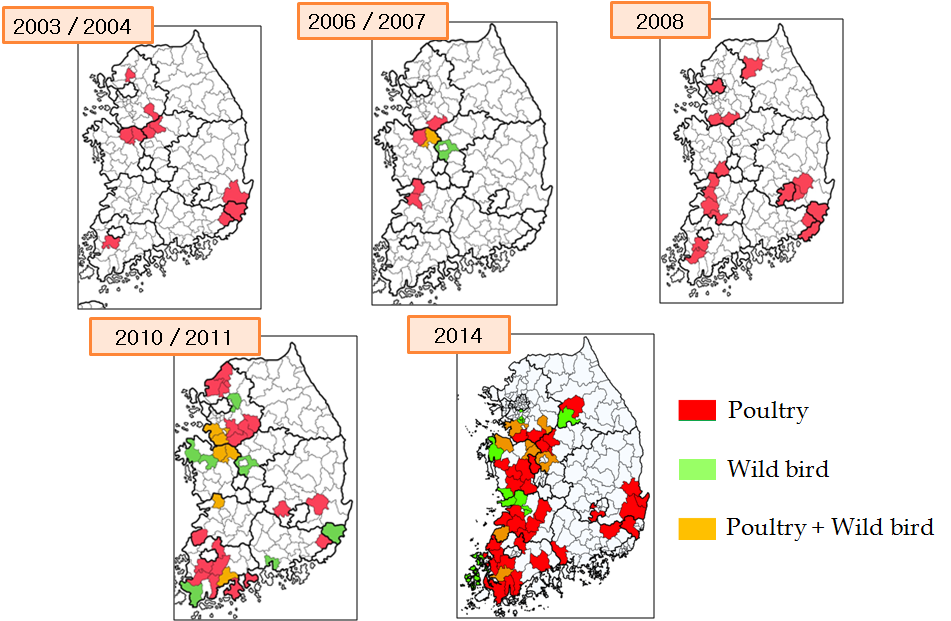 연도별 HPAI 발생지역