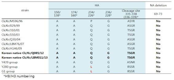 국내 분리 H9N2형 AIV 아미노산 특성