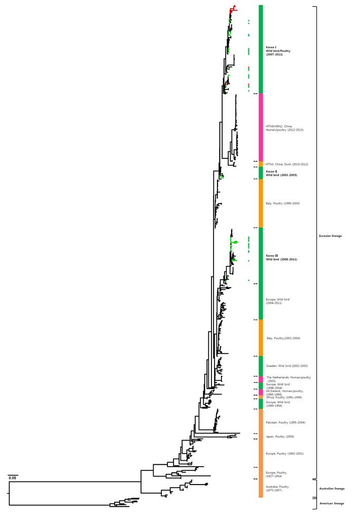 H7형 AIV의 HA유전자에 대한 phylogenetic tree