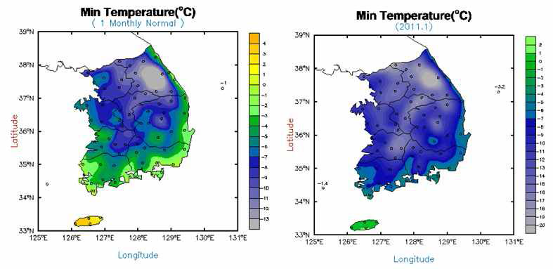 우리나라 1월 최저기온 분포도(좌 평년, 우 2011년: 기상청 자료)