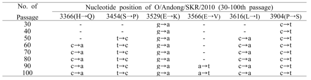 The VP1 sequence variation of O/Andong/SKR/2010 after serial passage