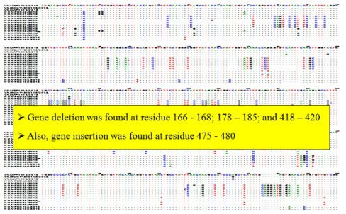 Alignment of the nucleotide sequences of the spike(S) gene of different PEDV strains isolated in Vietnam. Dot(.) indicates nt identity with the consensus sequence