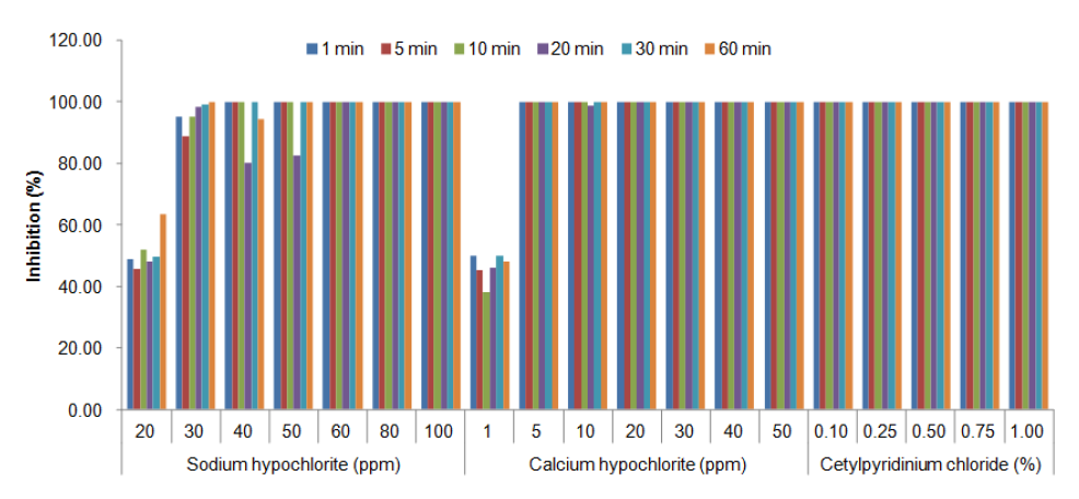 염소계열 소독수 농도에 따른 S. Typhimurium 저해율