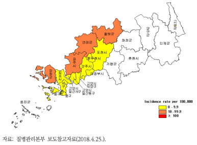 국내 말라리아 환자 발생 지역별 분포(2017)