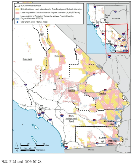 Solar PEIS를 통해 선정된 태양광에너지 개발이 가능한 부지(캘리포니아)