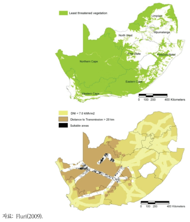 남아프리카 공화국의 최소 식생 훼손이 가능한 개발부지(상단)와 식생 훼손 기준을 고려한 대규모(548GW) 태양광에너지 잠재 개발부지
