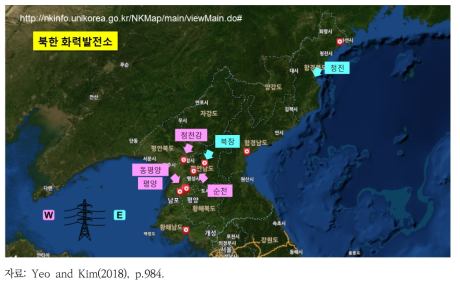 북한의 동부 및 서부전력망의 석탄화력발전소