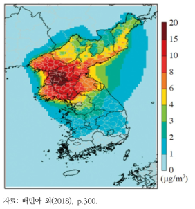 북한의 배출에 의한 PM2.5 농도 분포