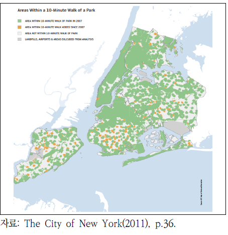 뉴욕시 10분 내 접근가능한 공원녹지 면적 및 공원 조성계획 지역